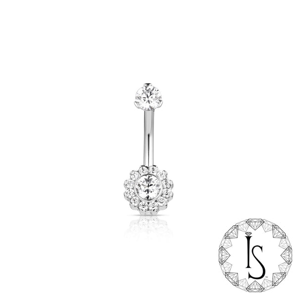 Industrial Strength Navel Curved Barbell - Double Odyssey Flower Prong (Faceted Gem)